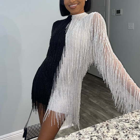 Dresses & Skirts - Black and White Fringe Mini Mini Dress